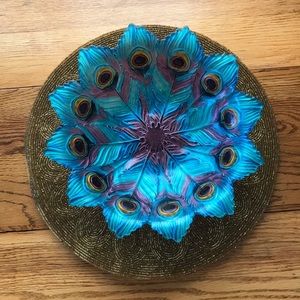 Pottery Barn Peacock Bowl & Gold Bead Mat